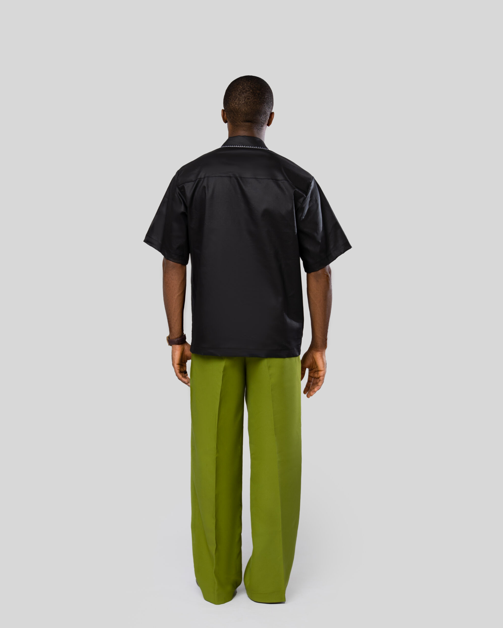 Olive Green Pants paired with Black Subtle Embroidered Button-down Shirt - Image 2